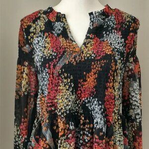 Anthropologie Black Floral Smocked Peasant Blouse with Red Orange Yellow Accents